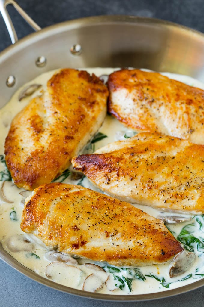 Chicken breasts cooked in a pan of cream sauce.