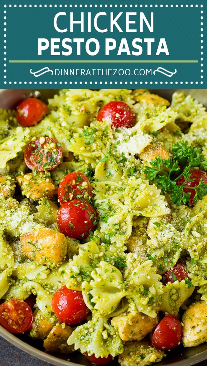 This chicken pesto pasta is sauteed chicken, farfalle pasta and cherry tomatoes, all tossed in basil pesto and finished off with parmesan cheese.