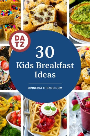 A group of images of kids breakfast ideas like baked oatmeal cups, avocado toast and strawberry waffles.