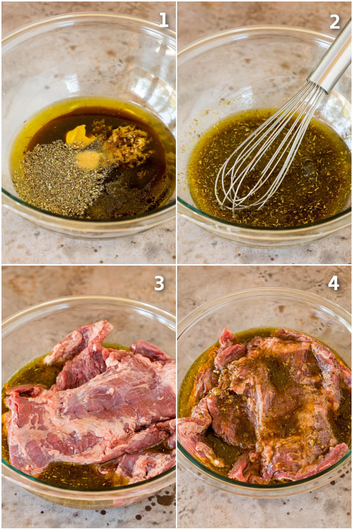 Step by step process shots showing how to marinate steak.