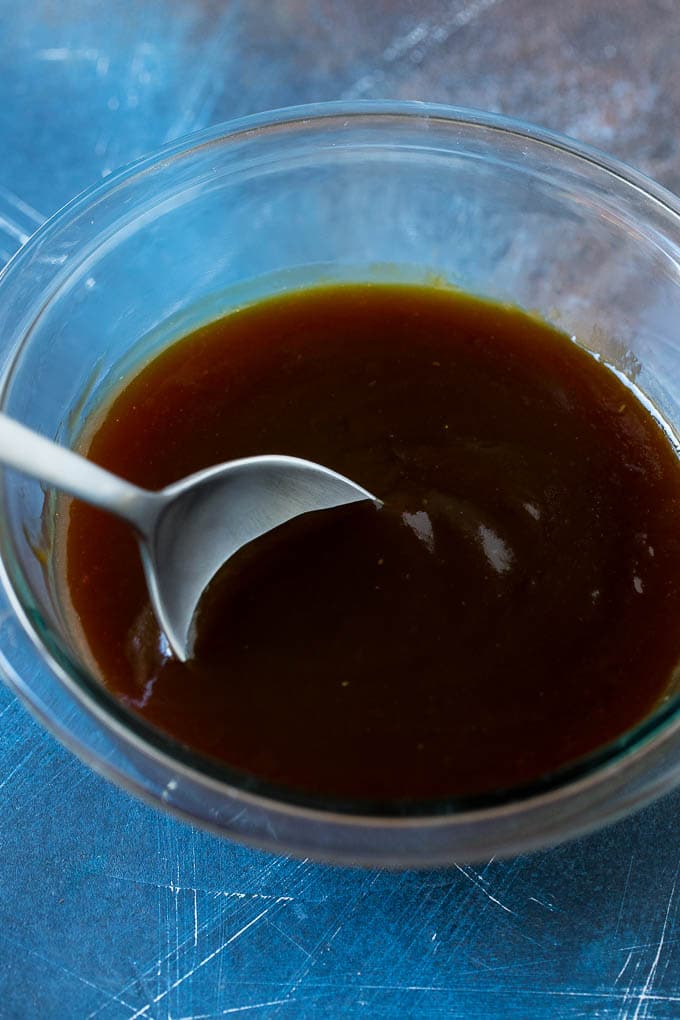 A sweet and savory sauce in a mixing bowl.